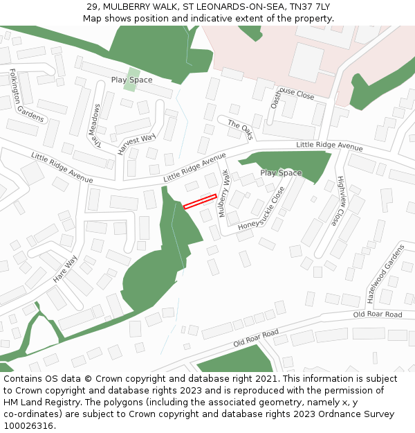 29, MULBERRY WALK, ST LEONARDS-ON-SEA, TN37 7LY: Location map and indicative extent of plot