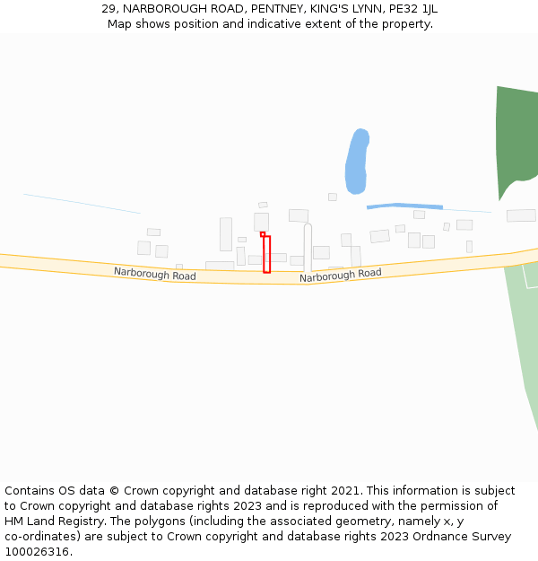 29, NARBOROUGH ROAD, PENTNEY, KING'S LYNN, PE32 1JL: Location map and indicative extent of plot