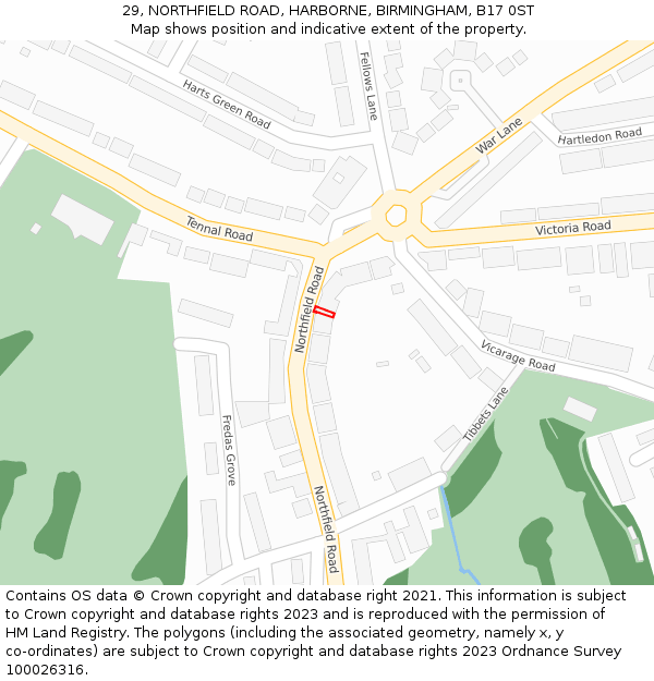 29, NORTHFIELD ROAD, HARBORNE, BIRMINGHAM, B17 0ST: Location map and indicative extent of plot