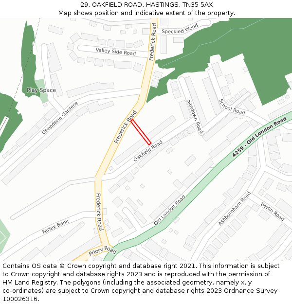 29, OAKFIELD ROAD, HASTINGS, TN35 5AX: Location map and indicative extent of plot