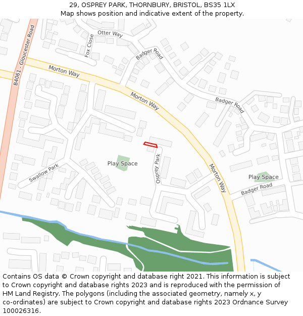 29, OSPREY PARK, THORNBURY, BRISTOL, BS35 1LX: Location map and indicative extent of plot