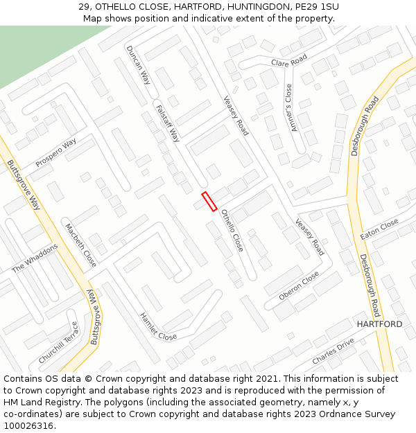 29, OTHELLO CLOSE, HARTFORD, HUNTINGDON, PE29 1SU: Location map and indicative extent of plot