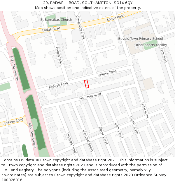 29, PADWELL ROAD, SOUTHAMPTON, SO14 6QY: Location map and indicative extent of plot