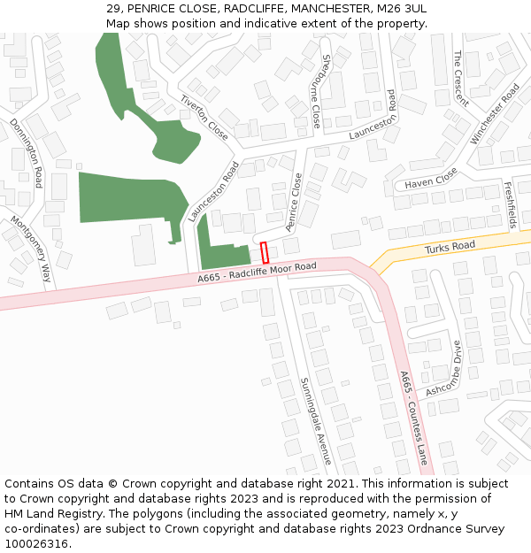 29, PENRICE CLOSE, RADCLIFFE, MANCHESTER, M26 3UL: Location map and indicative extent of plot