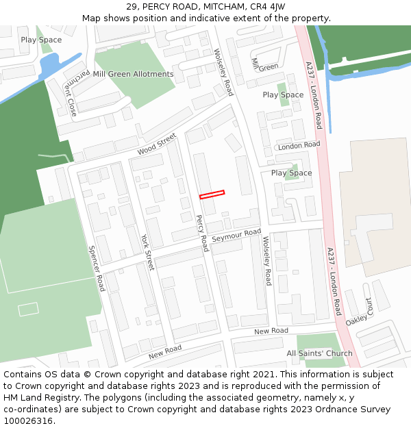 29, PERCY ROAD, MITCHAM, CR4 4JW: Location map and indicative extent of plot