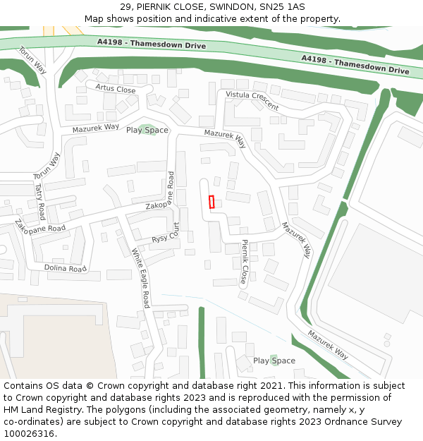 29, PIERNIK CLOSE, SWINDON, SN25 1AS: Location map and indicative extent of plot