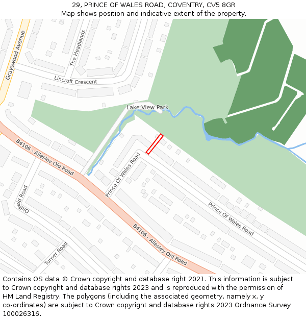 29, PRINCE OF WALES ROAD, COVENTRY, CV5 8GR: Location map and indicative extent of plot