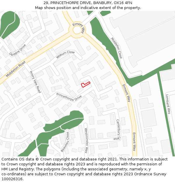 29, PRINCETHORPE DRIVE, BANBURY, OX16 4FN: Location map and indicative extent of plot