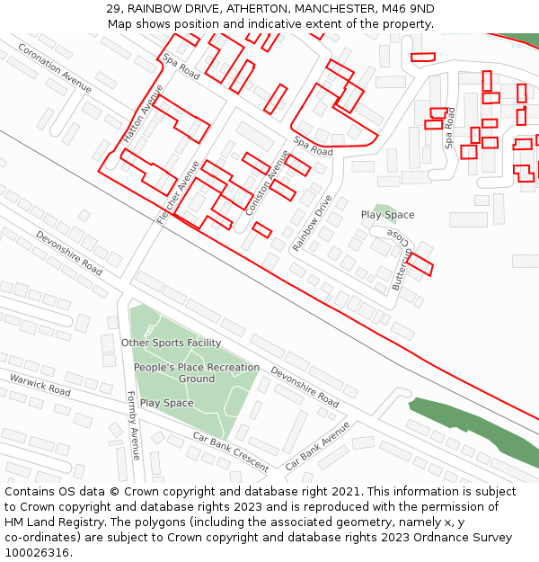 29, RAINBOW DRIVE, ATHERTON, MANCHESTER, M46 9ND: Location map and indicative extent of plot