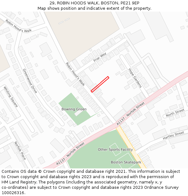 29, ROBIN HOODS WALK, BOSTON, PE21 9EP: Location map and indicative extent of plot
