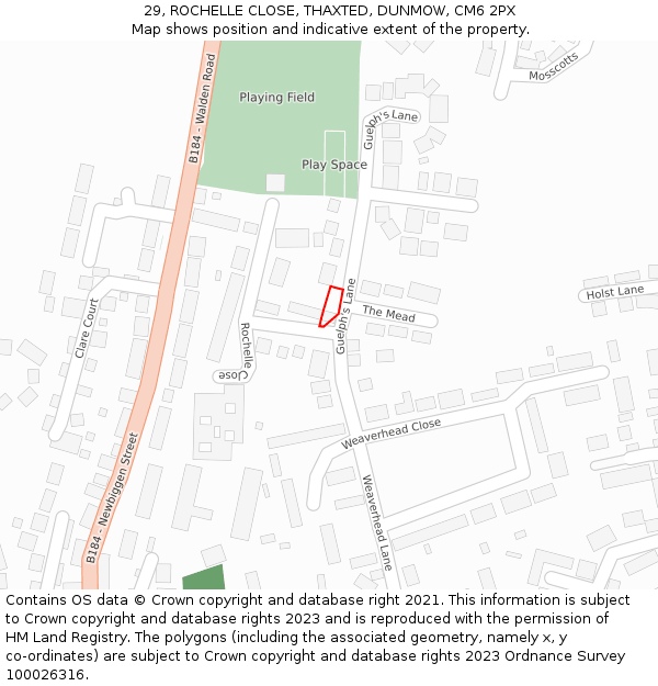 29, ROCHELLE CLOSE, THAXTED, DUNMOW, CM6 2PX: Location map and indicative extent of plot