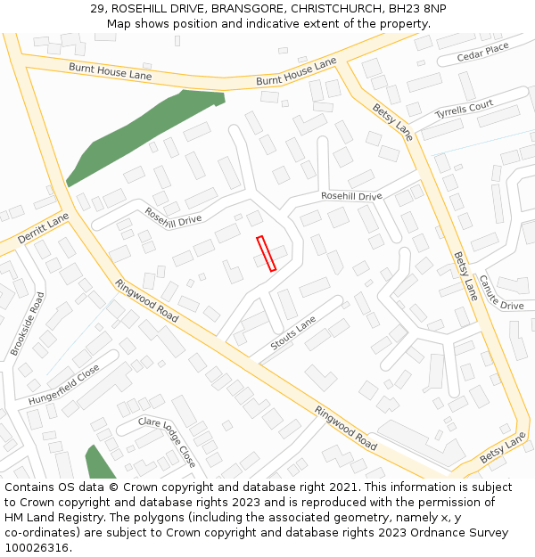 29, ROSEHILL DRIVE, BRANSGORE, CHRISTCHURCH, BH23 8NP: Location map and indicative extent of plot