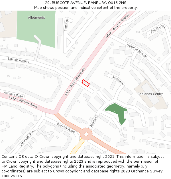 29, RUSCOTE AVENUE, BANBURY, OX16 2NS: Location map and indicative extent of plot