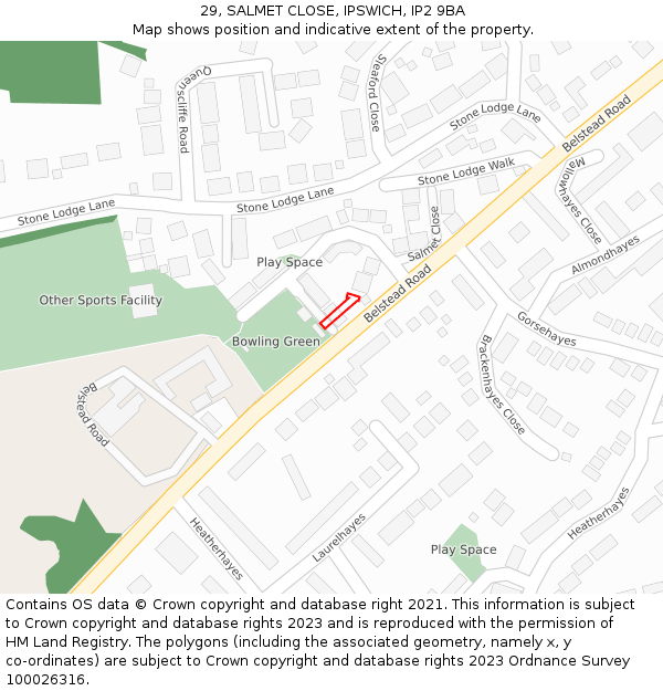 29, SALMET CLOSE, IPSWICH, IP2 9BA: Location map and indicative extent of plot