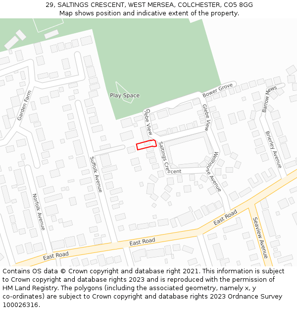 29, SALTINGS CRESCENT, WEST MERSEA, COLCHESTER, CO5 8GG: Location map and indicative extent of plot