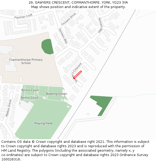 29, SAWYERS CRESCENT, COPMANTHORPE, YORK, YO23 3YA: Location map and indicative extent of plot
