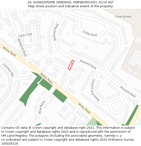 29, SHAKESPEARE GARDENS, FARNBOROUGH, GU14 9QT: Location map and indicative extent of plot
