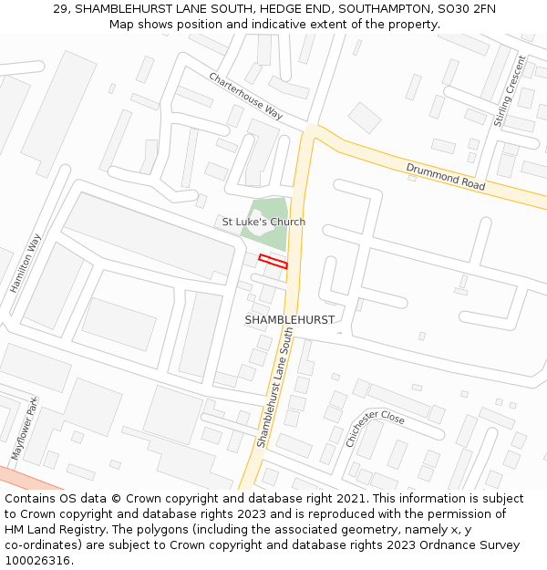 29, SHAMBLEHURST LANE SOUTH, HEDGE END, SOUTHAMPTON, SO30 2FN: Location map and indicative extent of plot