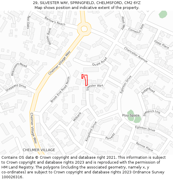 29, SILVESTER WAY, SPRINGFIELD, CHELMSFORD, CM2 6YZ: Location map and indicative extent of plot