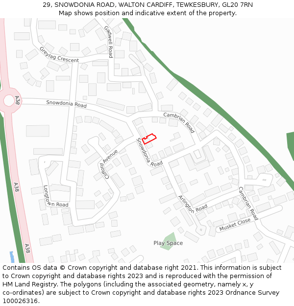 29, SNOWDONIA ROAD, WALTON CARDIFF, TEWKESBURY, GL20 7RN: Location map and indicative extent of plot