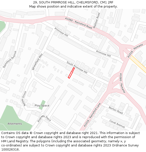 29, SOUTH PRIMROSE HILL, CHELMSFORD, CM1 2RF: Location map and indicative extent of plot