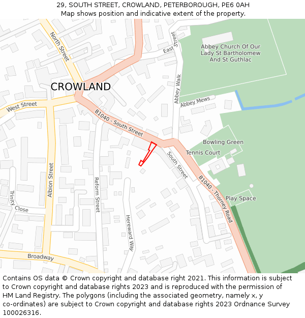29, SOUTH STREET, CROWLAND, PETERBOROUGH, PE6 0AH: Location map and indicative extent of plot