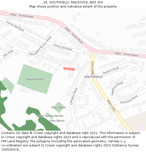 29, SOUTHFIELD, RADSTOCK, BA3 3NY: Location map and indicative extent of plot