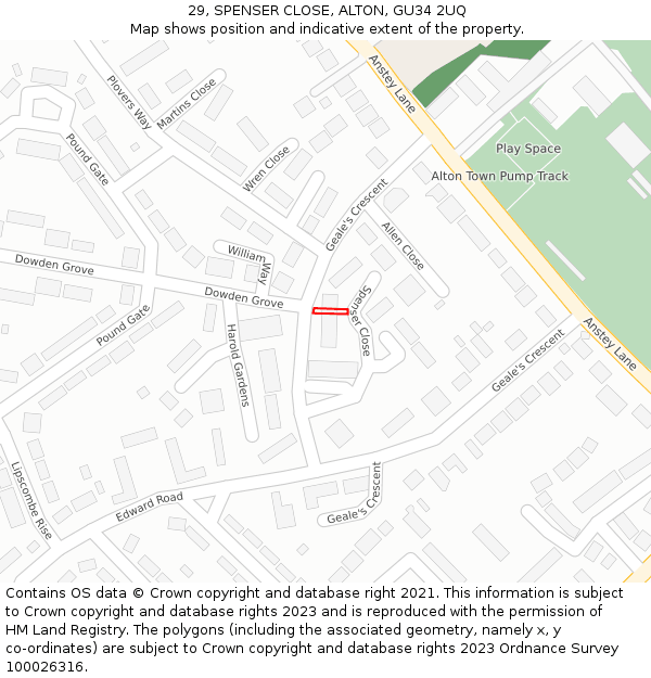 29, SPENSER CLOSE, ALTON, GU34 2UQ: Location map and indicative extent of plot