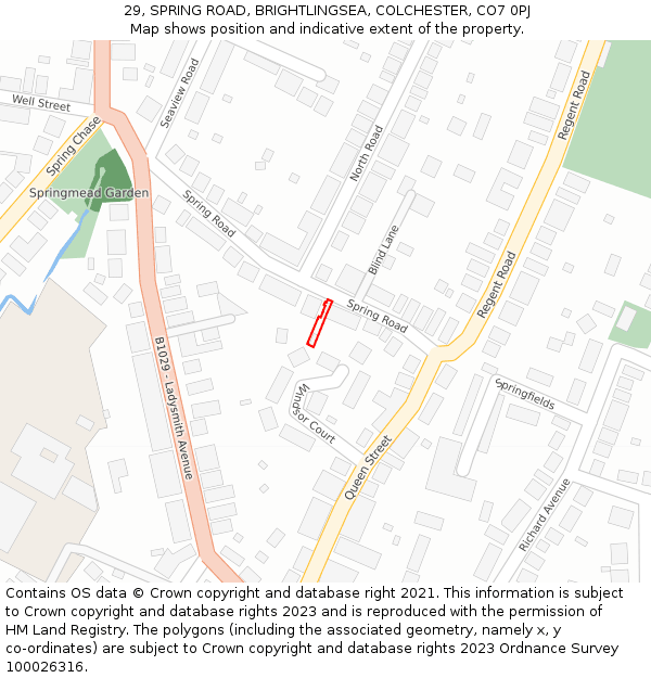 29, SPRING ROAD, BRIGHTLINGSEA, COLCHESTER, CO7 0PJ: Location map and indicative extent of plot