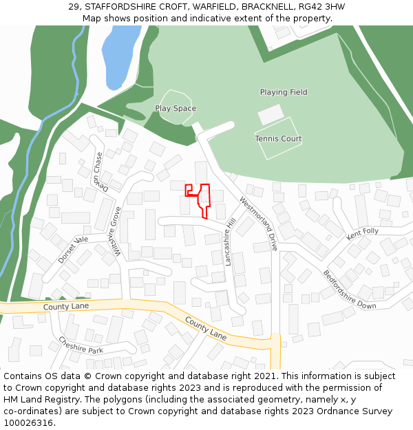 29, STAFFORDSHIRE CROFT, WARFIELD, BRACKNELL, RG42 3HW: Location map and indicative extent of plot