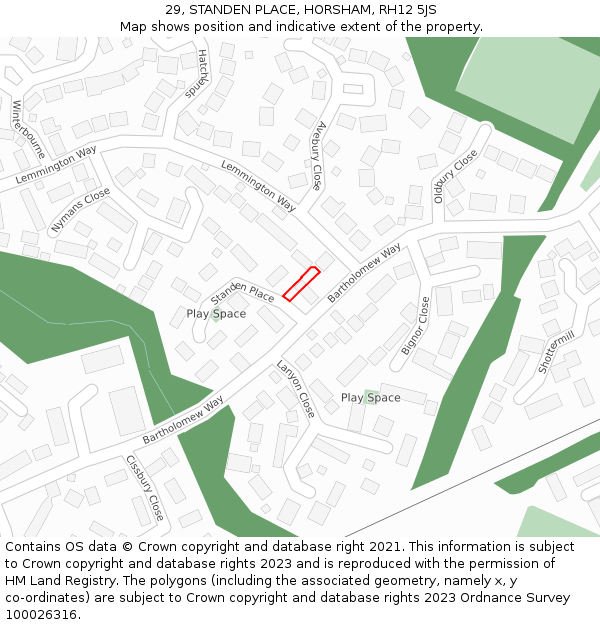 29, STANDEN PLACE, HORSHAM, RH12 5JS: Location map and indicative extent of plot