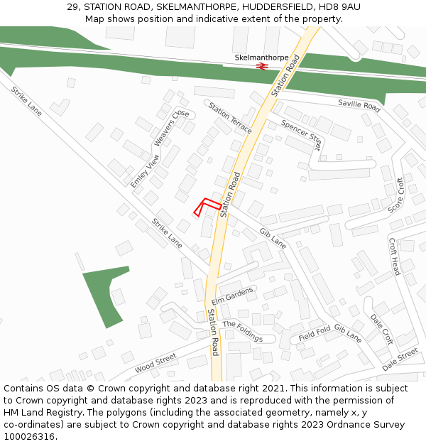 29, STATION ROAD, SKELMANTHORPE, HUDDERSFIELD, HD8 9AU: Location map and indicative extent of plot
