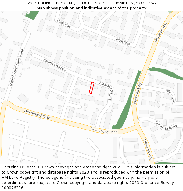 29, STIRLING CRESCENT, HEDGE END, SOUTHAMPTON, SO30 2SA: Location map and indicative extent of plot
