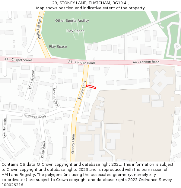29, STONEY LANE, THATCHAM, RG19 4LJ: Location map and indicative extent of plot