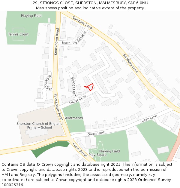 29, STRONGS CLOSE, SHERSTON, MALMESBURY, SN16 0NU: Location map and indicative extent of plot