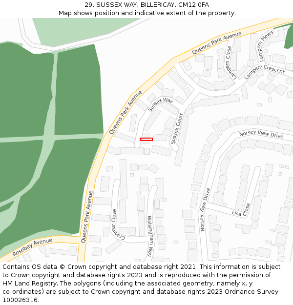 29, SUSSEX WAY, BILLERICAY, CM12 0FA: Location map and indicative extent of plot