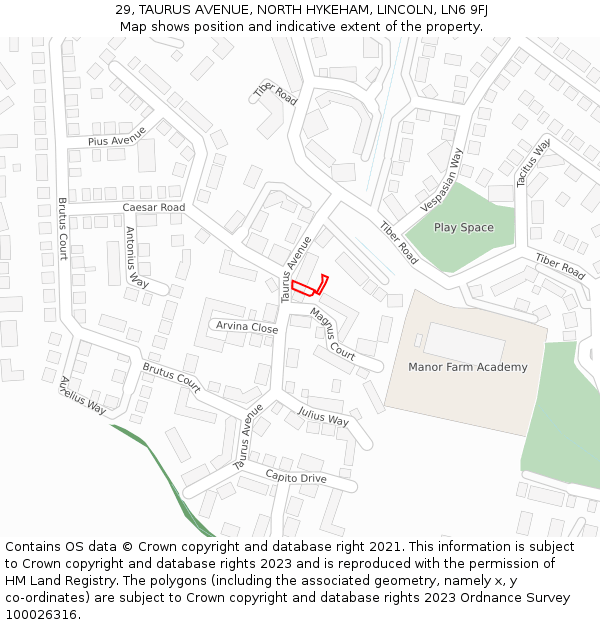 29, TAURUS AVENUE, NORTH HYKEHAM, LINCOLN, LN6 9FJ: Location map and indicative extent of plot