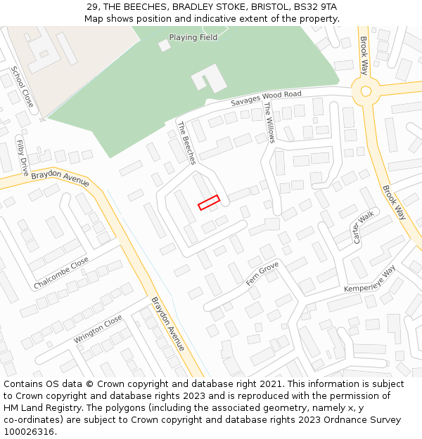 29, THE BEECHES, BRADLEY STOKE, BRISTOL, BS32 9TA: Location map and indicative extent of plot