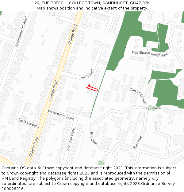 29, THE BREECH, COLLEGE TOWN, SANDHURST, GU47 0PN: Location map and indicative extent of plot