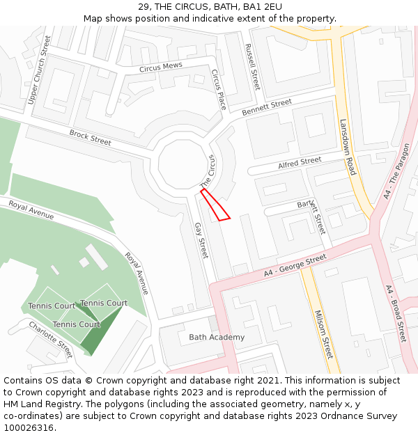 29, THE CIRCUS, BATH, BA1 2EU: Location map and indicative extent of plot