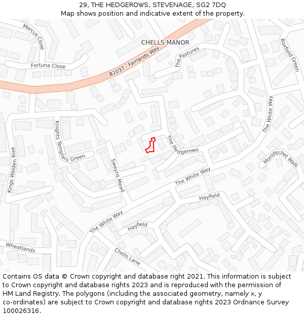 29, THE HEDGEROWS, STEVENAGE, SG2 7DQ: Location map and indicative extent of plot