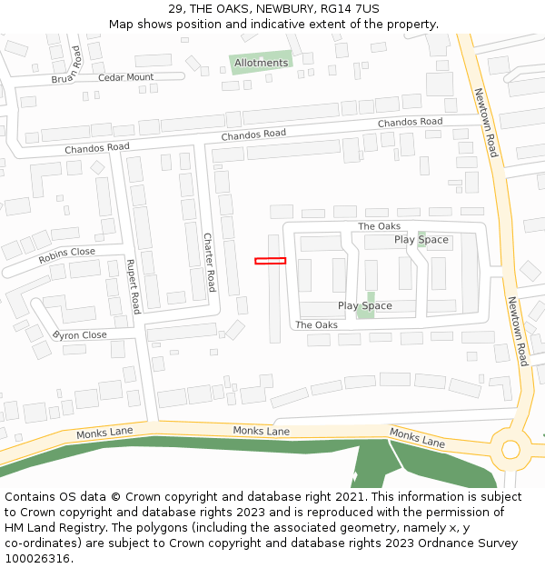 29, THE OAKS, NEWBURY, RG14 7US: Location map and indicative extent of plot