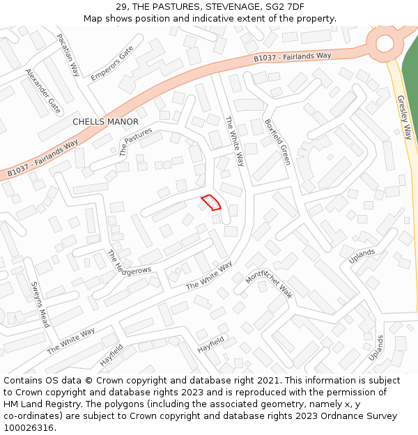 29, THE PASTURES, STEVENAGE, SG2 7DF: Location map and indicative extent of plot