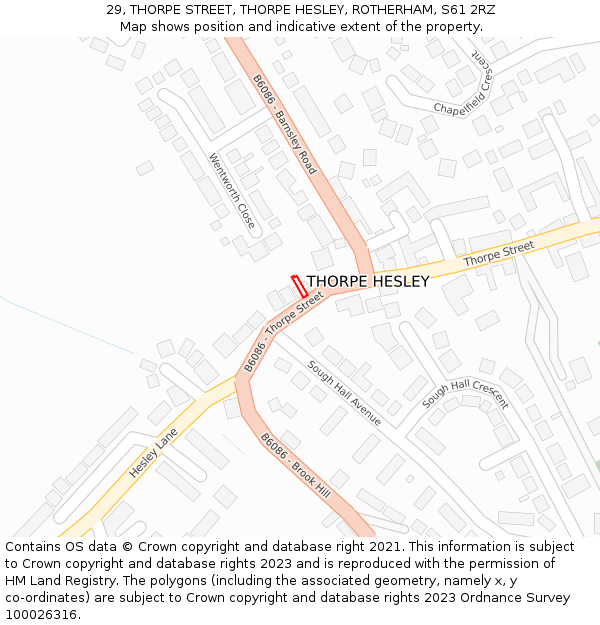 29, THORPE STREET, THORPE HESLEY, ROTHERHAM, S61 2RZ: Location map and indicative extent of plot