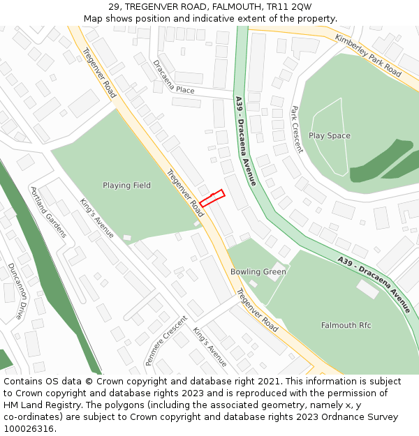 29, TREGENVER ROAD, FALMOUTH, TR11 2QW: Location map and indicative extent of plot