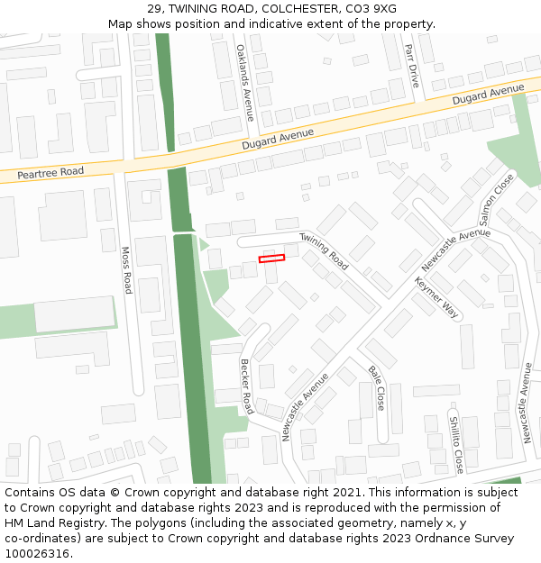 29, TWINING ROAD, COLCHESTER, CO3 9XG: Location map and indicative extent of plot
