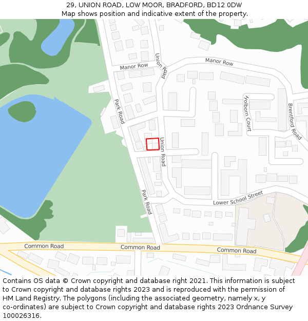 29, UNION ROAD, LOW MOOR, BRADFORD, BD12 0DW: Location map and indicative extent of plot