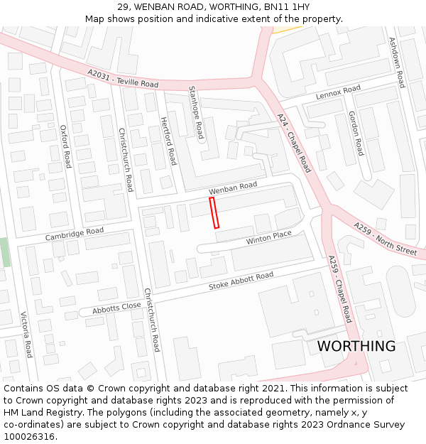 29, WENBAN ROAD, WORTHING, BN11 1HY: Location map and indicative extent of plot