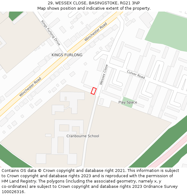 29, WESSEX CLOSE, BASINGSTOKE, RG21 3NP: Location map and indicative extent of plot
