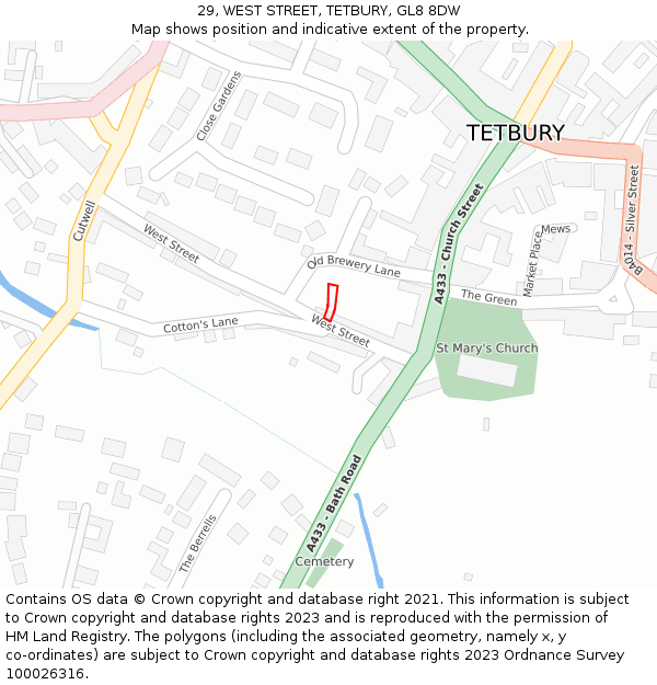 29, WEST STREET, TETBURY, GL8 8DW: Location map and indicative extent of plot